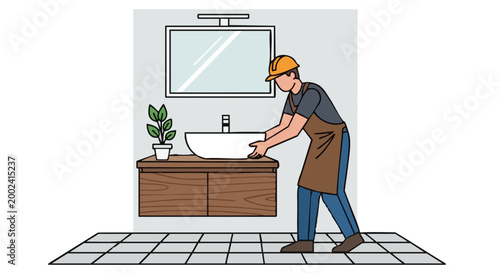 Construction worker installing black vessel sink in modern bathroom
