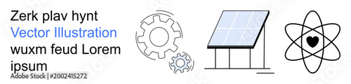 Renewable energy, industrial technology, sustainability, solar power, innovation, scientific progress. solar panel, gear symbols and atom with heart shape. s renewable energy and industrial