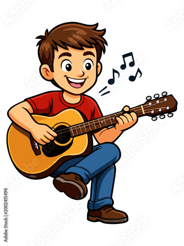 Illustration of a happy boy playing an acoustic guitar while sitting cross-legged and smiling.