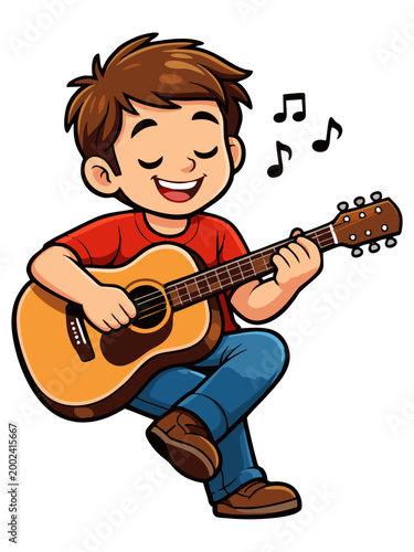 Illustration of a happy boy playing an acoustic guitar while sitting cross-legged and smiling.