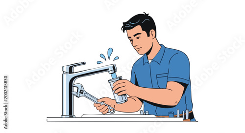 Plumber installing water filter on modern faucet with wrench