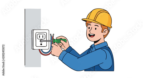 Smiling electrician in hard hat installing wall outlet with screwdriver