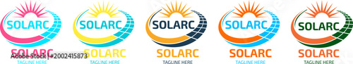 Solarc energy logo set with sun and solar panel icons, renewable power company branding collection in five color variations, sustainable green technology vector graphics for corporate identity.