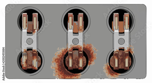 Corroded fuse box contacts on old electrical panel. Vector illustration of rust and decay