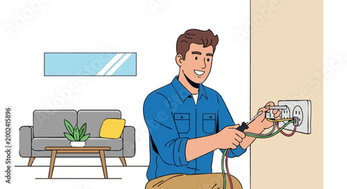 Smiling electrician rewiring wall socket in modern living room illustration