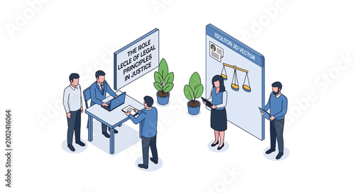 Isometric Illustration of Legal Professionals in a Justice System.