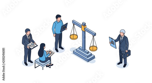 Isometric Illustration of Legal Professionals and Justice Scale.