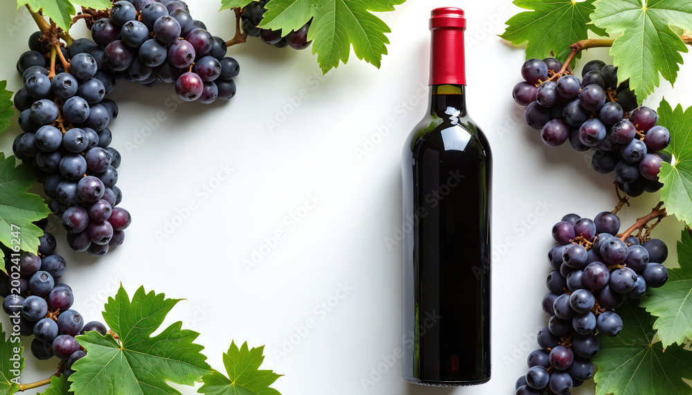 Fototapeta premium Bottle of red wine sits beside ripe purple grapes and green leaves on a white surface. Image for wine tasting events or autumn harvest promotions. Offers clean space for text.