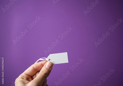 Hand holding a blank white tag against a purple background with copy space