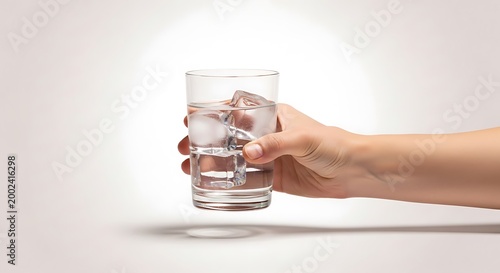 Hand Holding a Glass of Cold Water with Ice Cubes
