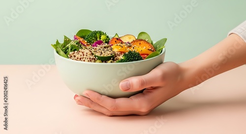 Hand holding a healthy vegan buddha bowl with quinoa and fresh vegetables