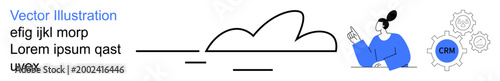 Cloud computing, customer relationship management, data systems, digital transformation, business solutions, technology integration. Abstract cloud, person pointing at CRM icon. Cloud computing