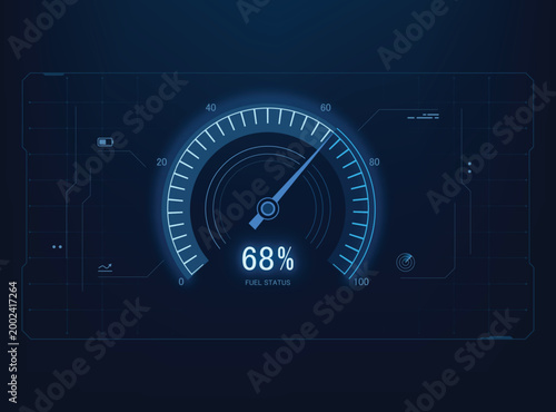 Futuristic HUD digital speedometer interface showing fuel status. High-tech blue glowing circular gauge with needle