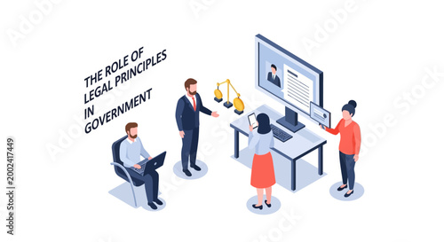 Isometric Illustration of Legal Principles and Government Interaction.