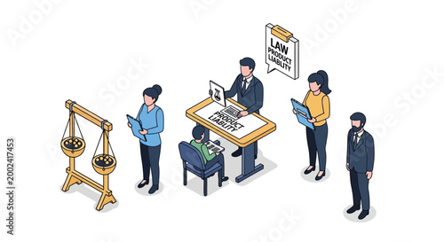 Isometric Illustration of Legal Professionals and Justice Scales.