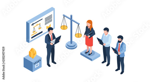 Isometric Illustration of Legal Professionals and Justice System Elements.