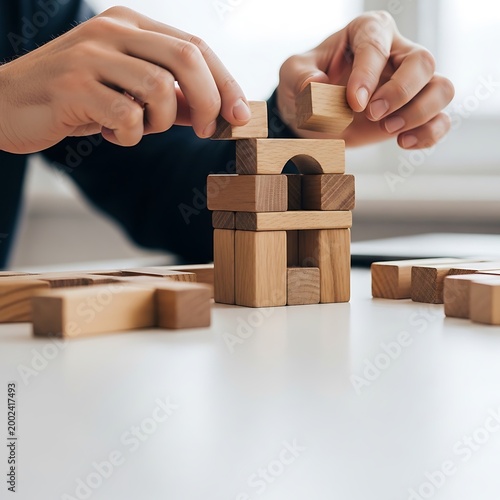 Hands Building a Wooden Block Tower for Business Strategy and Success Concept