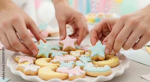 Hands Reaching for Pastel Decorated Sugar Cookies at a Party Celebration