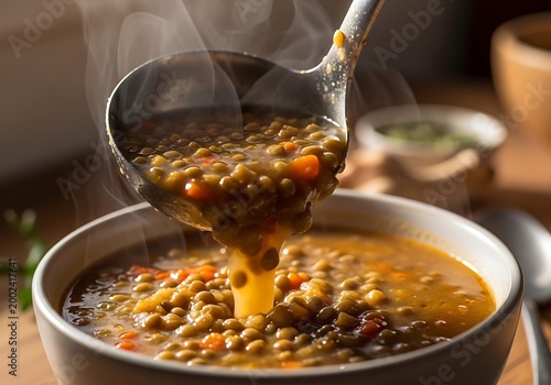 Hot Steaming Lentil Soup with Carrots Served in a White Bowl