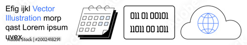 Data management, cloud storage, scheduling, digital transformation, binary systems, tech solutions. Calendar, binary numbers and cloud icon. Data management and cloud storage concept