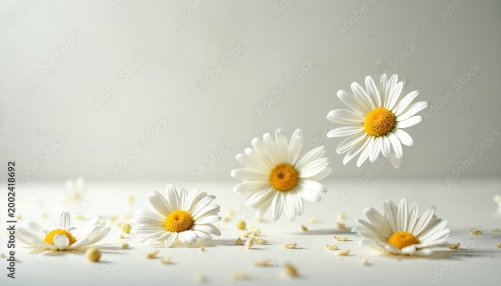 Obraz premium White chamomile flowers levitate on clean white surface. Small yellow pollen grains scattered around. Natural beauty for wellness, tea, and cosmetic designs.