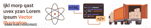 Technology, logistics, education, coding, science, transportation. Atom diagram with coding interface and a cargo truck. Technology and logistics concept for modern solutions