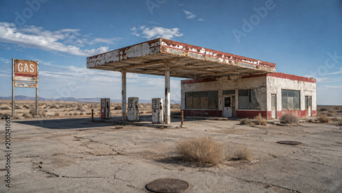 A weathered roadside gas station sits abandoned in a barren desert, with rusted pumps, cracked pavement, and a faded sign beneath a bright blue sky.