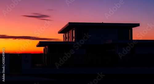 Silhouette of a modern luxury house at sunset with vibrant colorful sky