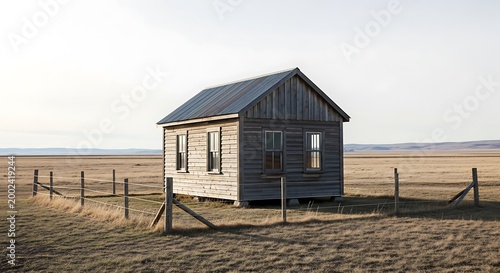 Small Abandoned Wooden Cabin in a Vast Golden Prairie Landscape