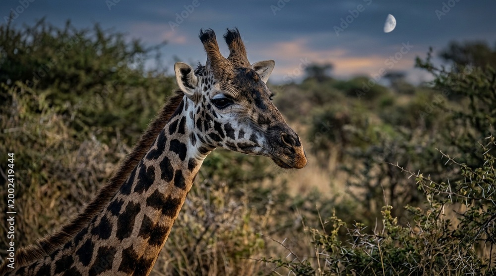Fototapeta premium Giraffe Close Portrait Ossicones and Vivid Coat Pattern Maasai Mara Afternoon Static Camouflage Habitat Blend