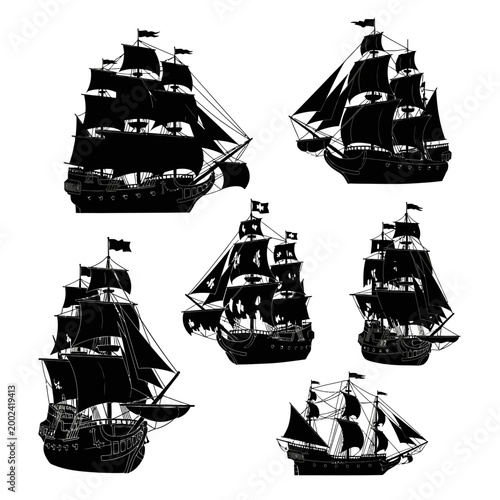 Vintage Sailing Ships Silhouette Collection, Nautical Adventure Vector Art