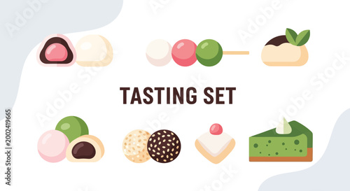 Japanese and Asian Traditional Dessert Illustration Set, Flat Design Collection of Mochi, Dango, Sesame Balls, and Matcha Cake Icons.