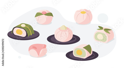 Set of Cute Japanese Traditional Wagashi and Mochi Cake Illustration in Flat Design Style