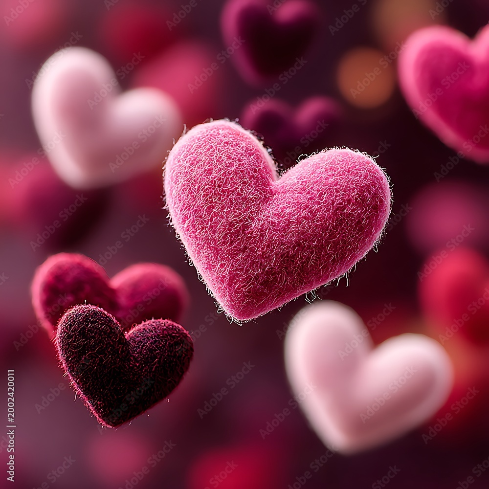 Obraz premium Soft pink and burgundy hearts floating on blurred background love romance valentine's day