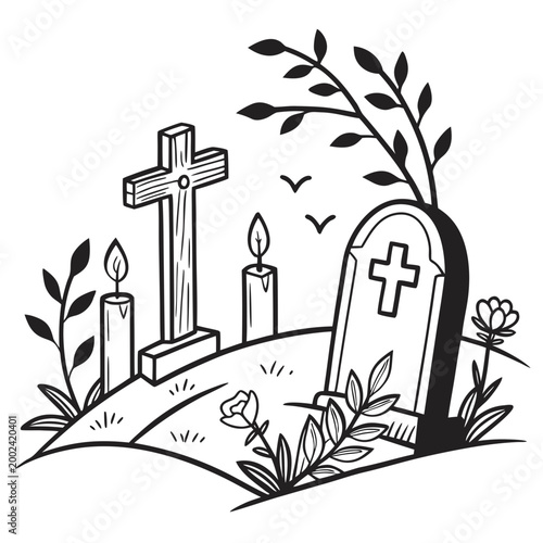 Hand drawn graveyard sketch featuring gravestone wooden cross and burning candles