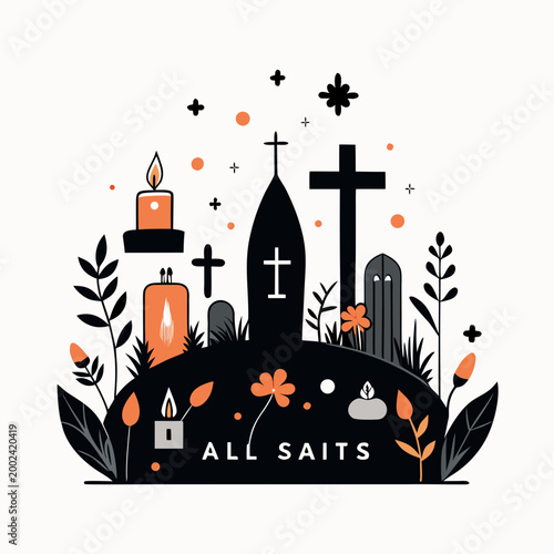 Minimalist flat illustration for All Saints Day featuring graveyard silhouettes and candles