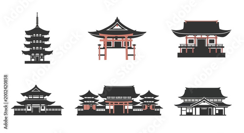 Stylized vector illustration showing a collection of six different traditional Japanese architectural structures, including temples and pagodas, set against a clean white background