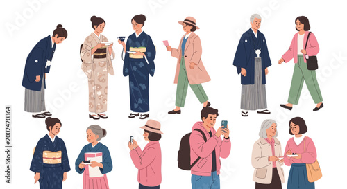 Flat lay illustration of diverse Japanese people in various traditional and modern outfits standing against a white backdrop, showcasing a blend of cultural attire and contemporary fashion