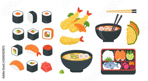 Overhead shot showcases a colorful variety of Japanese cuisine, including sushi rolls, shrimp tempura, and ramen bowls, neatly arranged against a clean white background in a bright
