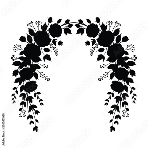 Floral arch silhouette black botanical design on white background