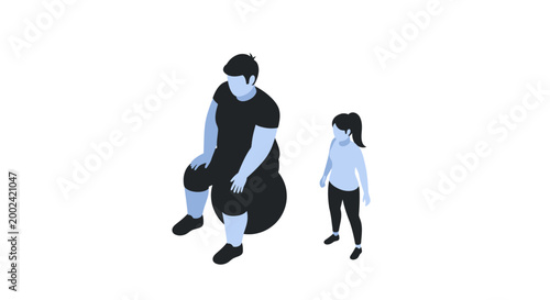 Father and Daughter Exercise Together Using Fitness Ball, Isometric View.