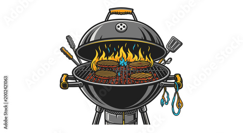 Photos Grill with sizzling meat on fire.