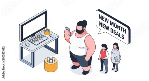 Isometric illustration of a man with a speech bubble about new deals.