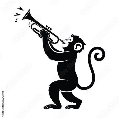 Black silhouette of monkey playing trumpet whimsical design
