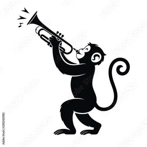 Fototapeta Black silhouette of monkey playing trumpet whimsical design
