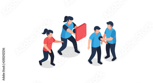 Isometric illustration of four people interacting with a red block.