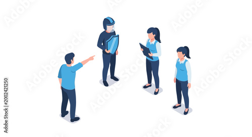 Isometric illustration of business team members in a meeting discussing strategy.