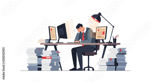 Illustration of a stressed businessman sitting at his desk with stacks of paperwork and dual monitors against a white background, exhibiting a frustrated mood and a high-angle shot showing