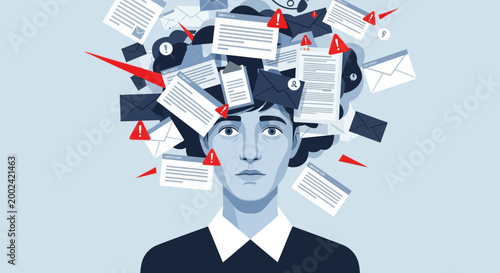 Illustration of a young man overwhelmed by work, depicted with papers, emails, and alerts swirling around his head against a light blue background, creating a stressful and chaotic