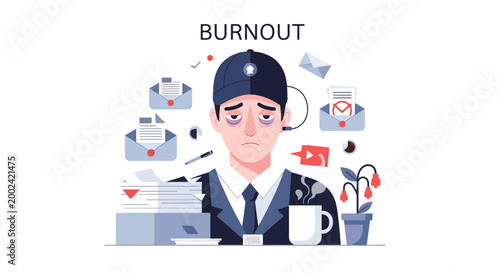 Digital illustration of a tired, overworked man with dark circles under his eyes, surrounded by stacks of papers and overflowing email inboxes against a clean white background
